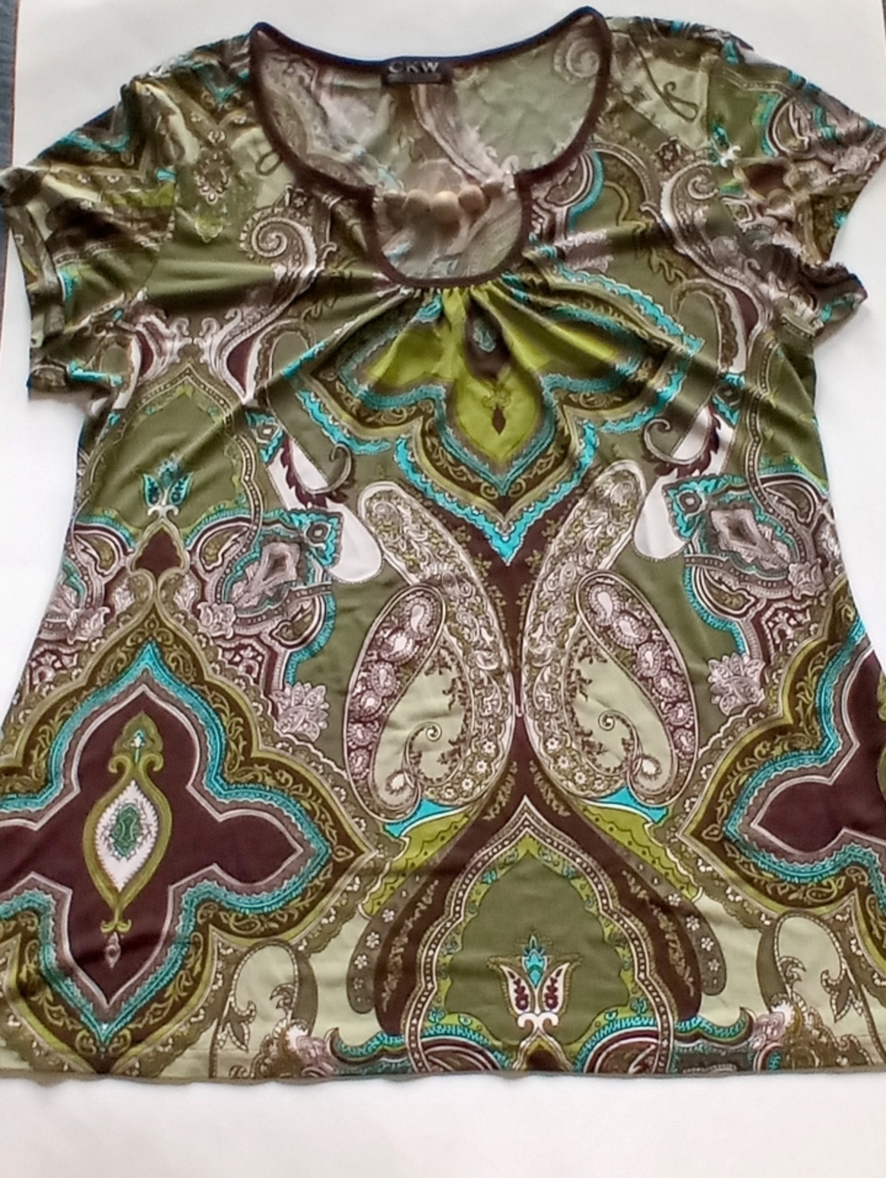 EUC Crew Knit Wear Women's Green Paisley Tee with Teal/Brown Accents Size Large
